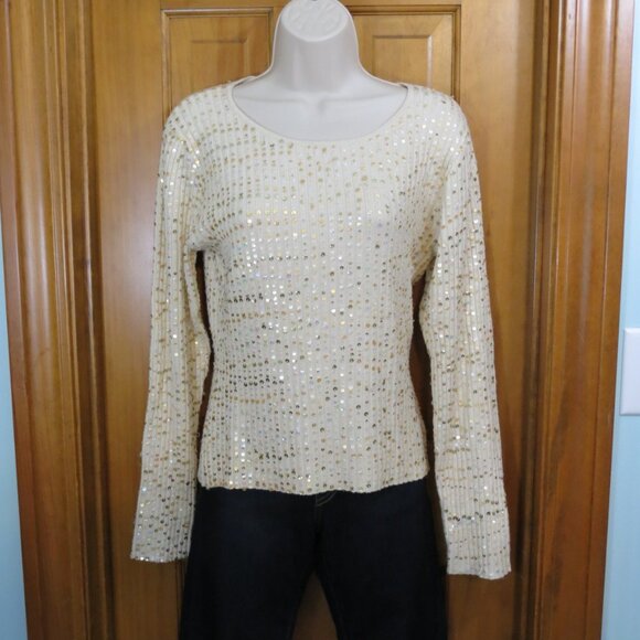 Marisa Christina Cream Sweater All Over Gold Sequins Long Sleeve Size Large - Picture 7 of 10